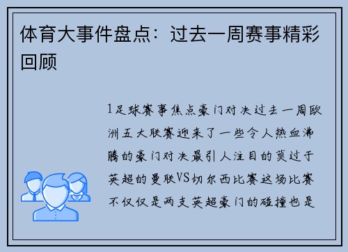 体育大事件盘点：过去一周赛事精彩回顾