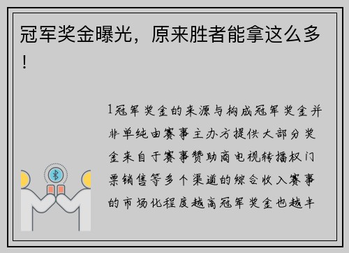 冠军奖金曝光，原来胜者能拿这么多！